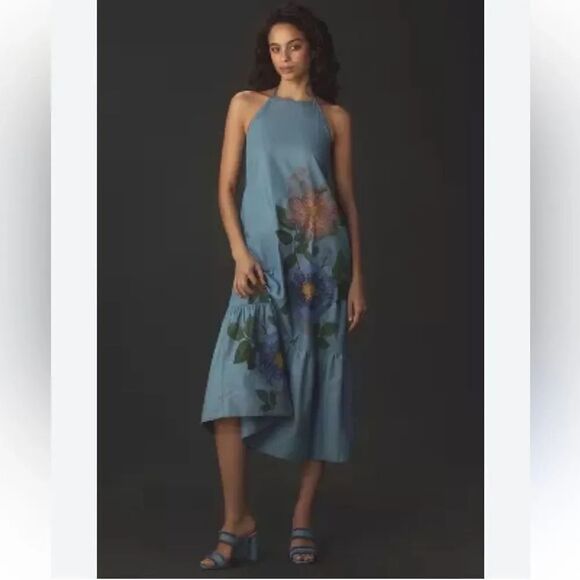 Pilcro Dresses & Skirts - Pilcro Halter Embroidered Denim
Midi Dress size Large